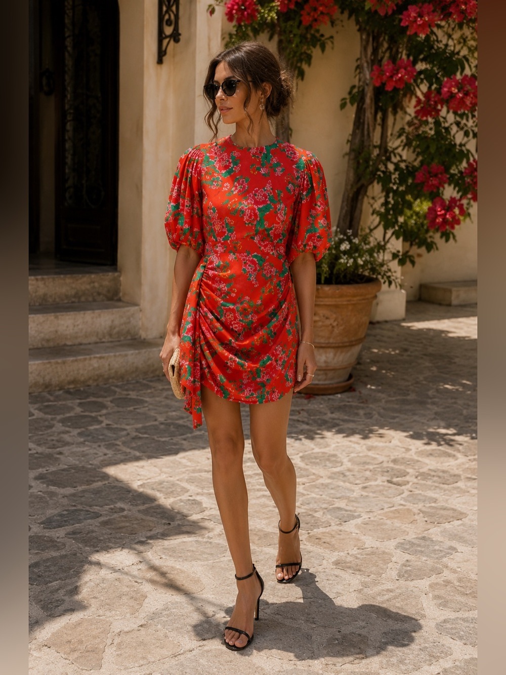 Rhode Pia Floral Ruched Puff Sleeve Mini Dress Orange SZ S